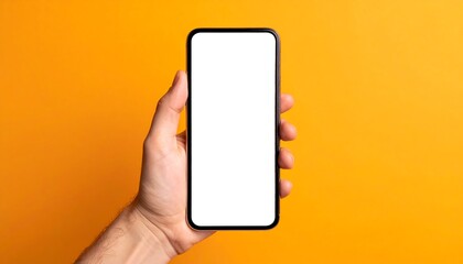 A hand holds a smartphone against a bright orange background
