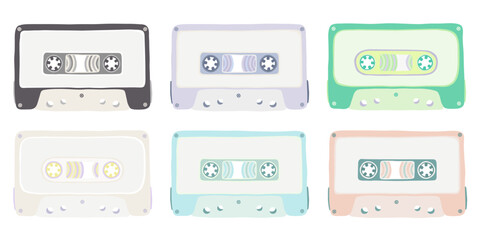 Retro cartoon cute cassette tapes set of illustrations, colorful flat design. Analog media for recording and listening to music.