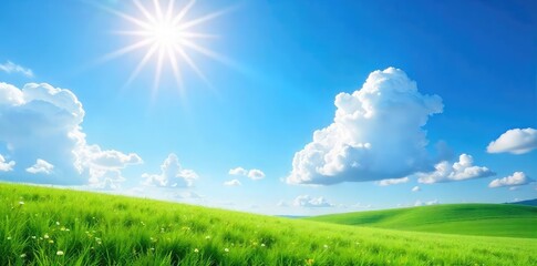 Fototapeta premium Sunny day, blue sky, fluffy white clouds, vibrant sunlight illuminating a picturesque landscape Perfect for weather forecasts, travel brochures, and nature-themed projects , bright, serenity, clouds