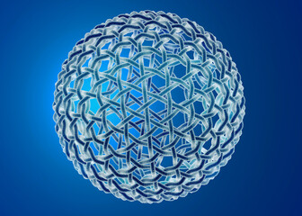 Intricate 3D geometric sphere design on a gradient blue background.