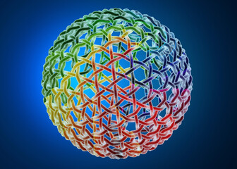 Intricate 3D-rendered sphere with colorful interwoven geometric patterns.