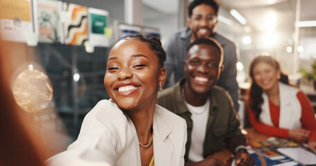 Portrait, woman and selfie with team in office for photography, social media post and career pride. Smile, people and about us, profile picture update and memory with staff collaboration in workplace