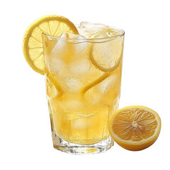 Refreshing yellow citrus beverage with ice and lemon slices in a tall glass isolated on transparent background