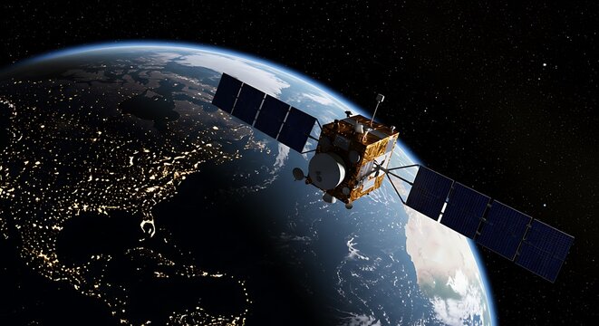 Satellite orbiting Earth providing communications technology and global positioning system over glowing city lights in deep space