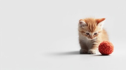 Adorable kitten playing with a ball on white background cute pet photography