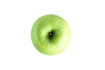 a green apple with a black center on a white background