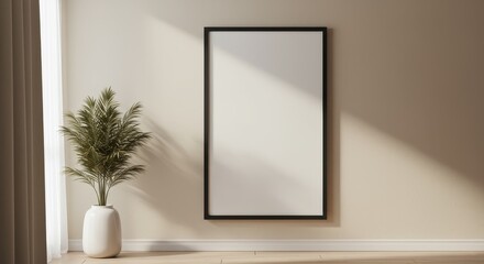 A minimalist interior scene features a tall, blank canvas in a black frame, illuminated by sunlight, next to a potted plant in a white vase against a light beige wall