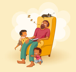 Illustration of Grandpa and a cat sleep soundly on a chair while his two grandchildren play and bother him.