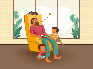 Real life illustration of a grandfather and a cat sleeping soundly on a chair while his two grandchildren play and bother him.