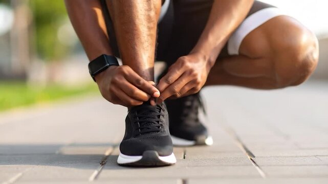 Runner tying shoelaces on a brick path. Focus on hands, watch and running shoe