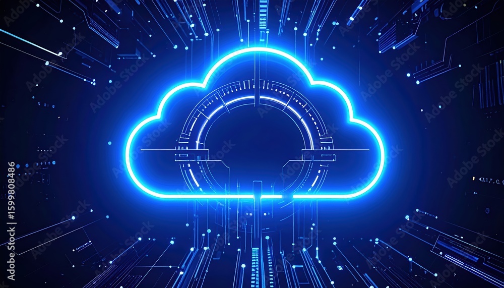 Poster futuristic neon cloud icon representing cloud computing technology with digital data streams and glo