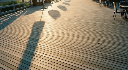 Sunlit wooden deck with shadows cast by nearby objects, creating a pattern of light and dark, with tables and chairs visible in the background.