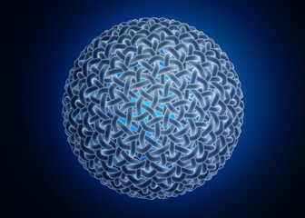 Intricate 3D sphere with a mesmerizing interwoven pattern against a blue gradient background.