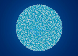 Intricate luminous sphere with interwoven patterns against a deep blue background.