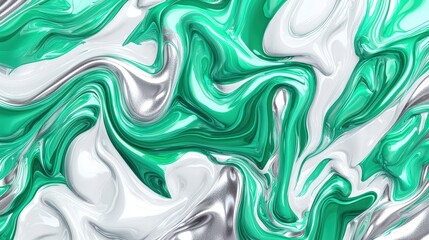 Obraz premium 3D render of a liquid fluid abstract background in shades of pine green and platinum, with a metallic glossy texture
