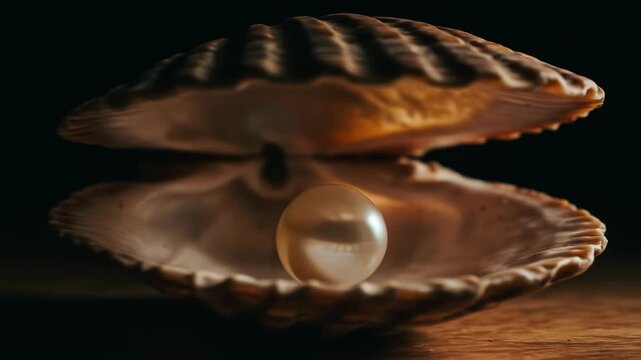 A luminous pearl rests within an open shell, showcasing its iridescence against a dark backdrop. Shell's texture is detailed