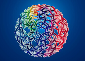 Intricate 3D sphere displaying colorful interconnected loops on a blue background.