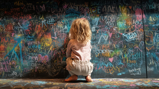 Child with curly hair drawing colorful chalk graffiti on black wall indoors