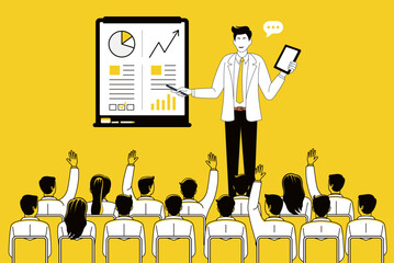 Illustration concept of a businessman giving presentation in front of a group of business people in flat vector style.