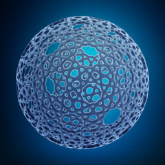 Abstract spherical structure with intricate geometric patterns on a blue background.