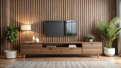 3d Mockup Of Walnut Wood Tv Stand With Vertical Drawer Design