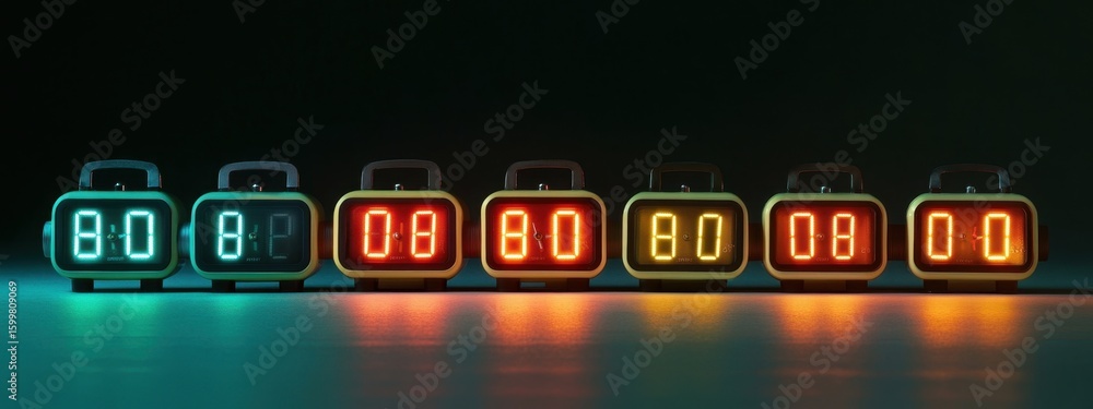 Poster colorful digital clocks displaying time on a dark background