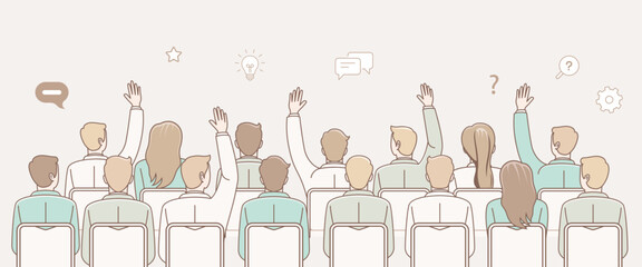 Illustration concept of group of people in a business seminar with social icons. Vector cartoon in flat design.