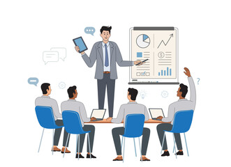 Businessman giving a presentation standing in front of a group of people in flat vector illustration.