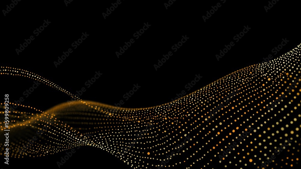 Poster gold particles form abstract wave pattern on black background.