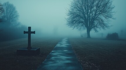 Naklejka premium A Misty Cemetery Path: A Solemn Cross in the Fog