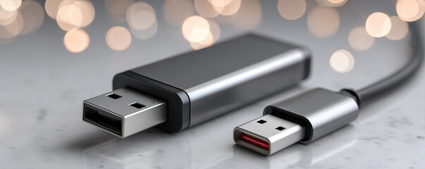 Fototapeta premium Modern USB drive with USB-C and USB-A connectors on a glossy surface
