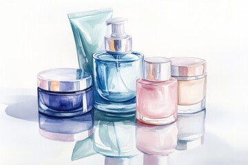 Watercolor painting of skincare products beauty routine and cosmetic bottles