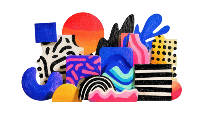 Abstract Art Shapes: A flat lay of abstract art shapes with bold lines and vibrant colors, isolated on a Transparent background, PNG file.