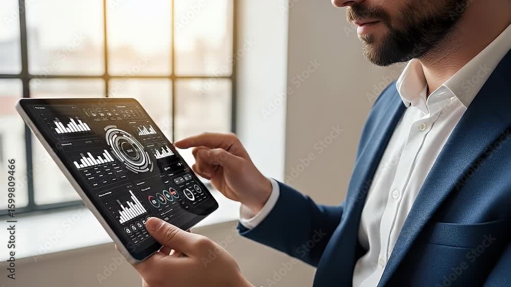 Poster person using tablet with digital dashboard