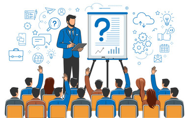 Business people giving a presentation standing in front of group business people with social icons.