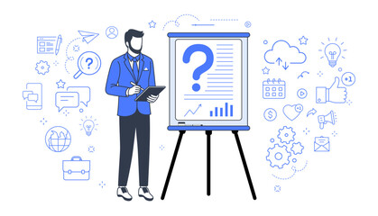 Presentation businessman explanation surrounded by business icons vector illustration. Businessman demonstrates results of statistical research