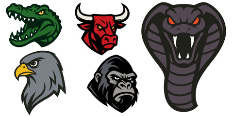 Five stylized animal logos including cobra, gorilla, eagle, bull, and alligator heads
