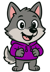 Cartoon Wolf Character Wearing a Purple Hoodie and Smiling