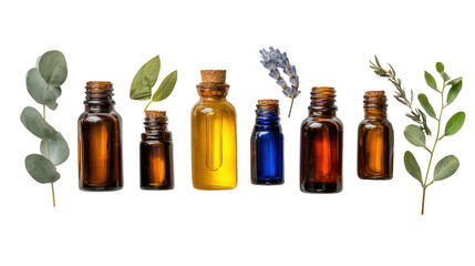 Aromatherapy Essential Oils: A flat lay of aromatherapy essential oils in bottles, isolated on a Transparent background, PNG file.