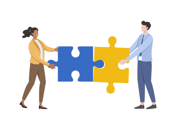 Businesspeople connecting puzzle elements in vector illustration flat design style