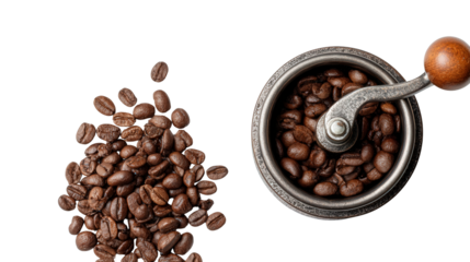 Artisan Coffee Beans: A flat lay of artisan coffee beans and a coffee grinder, isolated on a Transparent background, PNG file.