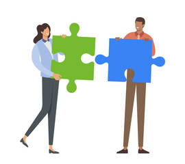 Business concept people connecting puzzle elements in vector illustration flat design style