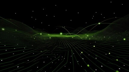 Abstract digital landscape with green lines and glowing points.