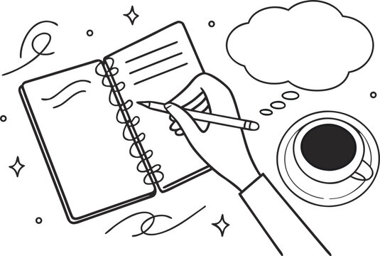 Hand writing in notebook with coffee and thought bubble coffee cup