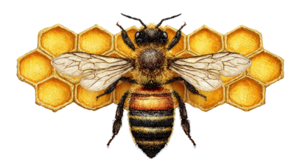 Artistic Bee with Honeycomb: A flat lay of an artistic depiction of a bee and honeycomb, isolated on a Transparent background, PNG file.