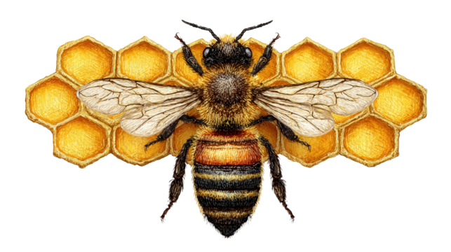 Artistic Bee with Honeycomb: A flat lay of an artistic depiction of a bee and honeycomb, isolated on a Transparent background, PNG file.