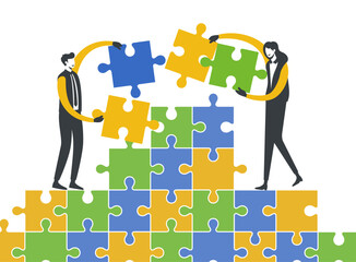 Businesspeople connecting puzzle elements. Symbol of teamwork, cooperation, partnership. Vector illustration in flat design.