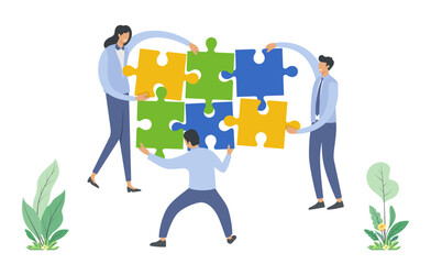 People connecting puzzle elements vector illustration in flat design.