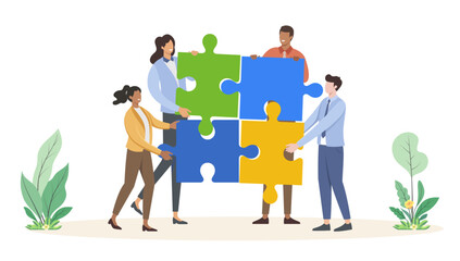 Businesspeople connecting puzzle elements vector illustration in flat design. Symbol of teamwork, cooperation, partnership.