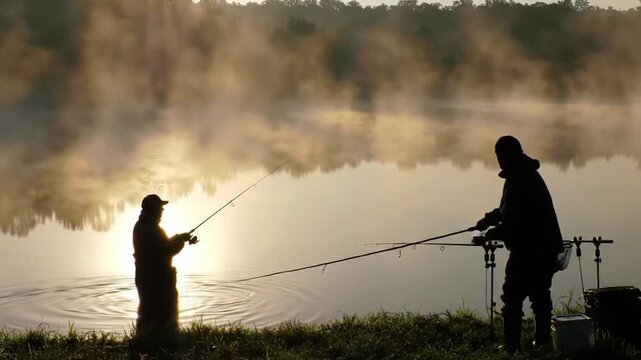Silhouetted fishermen cast lines on a misty lake at sunrise, creating gentle ripples